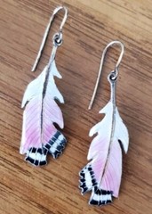 Vintage Estate Sterling Silver Dangle Feather Earrings Hook Pink White Enamel