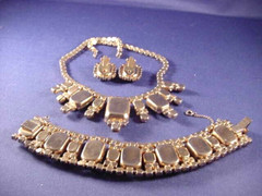 Vintage Burnished Amber Brown & Gold Necklace Bracelet Earrings