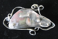 Hand-made Modernist Sterling Brooch with Old Glass Fragment by MELIE, Israel