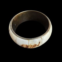 Vtg Brass & Genuine Bone Inlay Bangle Elephant Scrimshaw Pyrography Boho Safari