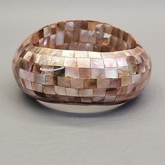 Vintage Mother of Pearl Bangle Bracelet Mosaic Wide Domed Peach Pink 8.25″