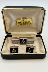 Vintage Anson Freemason Masonic Cufflinks Tie Bar Set Black Enamel Original Box