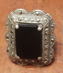Antique Victorian Mourning Ring, Size 3, Black Onyx Marcasite And Silver