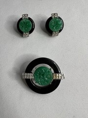 KJL Kenneth Jay Lane Art Deco Faux Jade Brooch & Earrings Set
