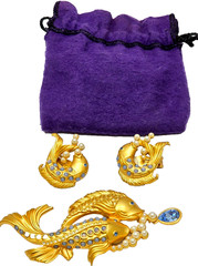 Elizabeth Taylor Avon Gold Koi Fish Brooch & Earrings Set, Faux Pearls