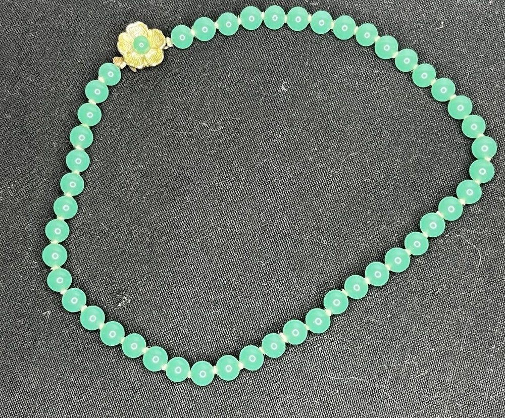 Vintage Jade Green Knotted Necklace 15” W/ Brass Clasp Japan