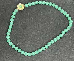 Vintage Jade Green Knotted Necklace 15” W/ Brass Clasp Japan