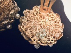 Vintage Miriam Haskell Brass Filigree Faux Pearl Clip On Earrings Mid Century