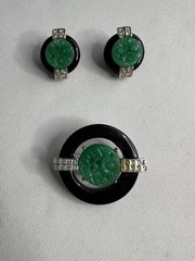 KJL Kenneth Jay Lane Art Deco Faux Jade Brooch & Earrings Set