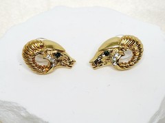 Pair KJL For Avon Gold Tone Green Eyed Ram Head Post Earrings