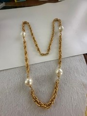 Vintage Napier Gold Tone Faux Pearl Station Chain Necklace 36″