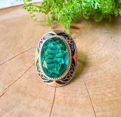 Art Deco Vintage Oval Emerald Green Glass Cocktail Ring Gold Filigree Band 4.5