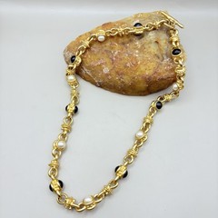 Opulent Vintage 24” Gold-Tone Link Necklace with Faux Pearl & Onyx Cabochons