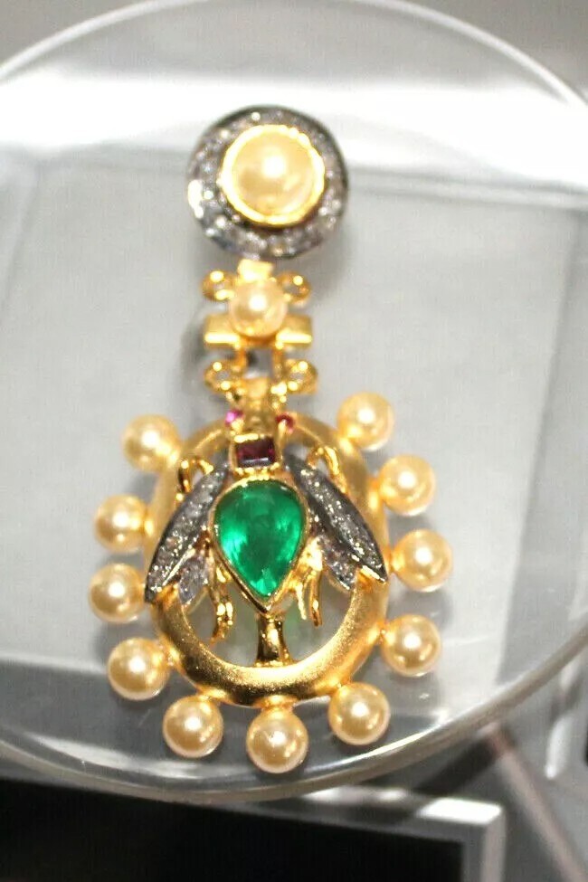 0.78ct Rose Cut Diamond 925 Silver Pearl Emerald Ruby Anniversary Pendant