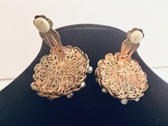 Vintage Miriam Haskell Brass Filigree Faux Pearl Clip On Earrings Mid Century