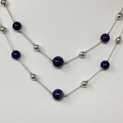 Amethyst Stone Beaded Necklace Silver Tone Chain Beads Double Strand Station 18″