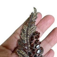 VTG Statement Leaf Floral Brooch 3.5 Inch Amber Brown Rhinestone Crystal Rhodium