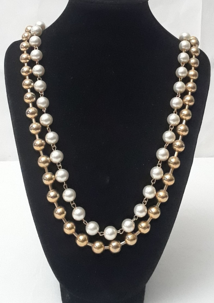 Vintage Necklace Faux Pearl 2 STRAND and Gold Bead Heavy Necklace 26 in