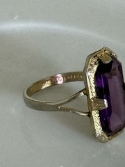 Vintage 18KT HGE Gold Plated Cocktail Ring, Emerald Cut Purple Glass size 6