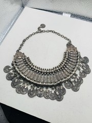 Vintage Silver Tone Boho Ethnic Tribal Coin Coachella Fringe Statement Necklace