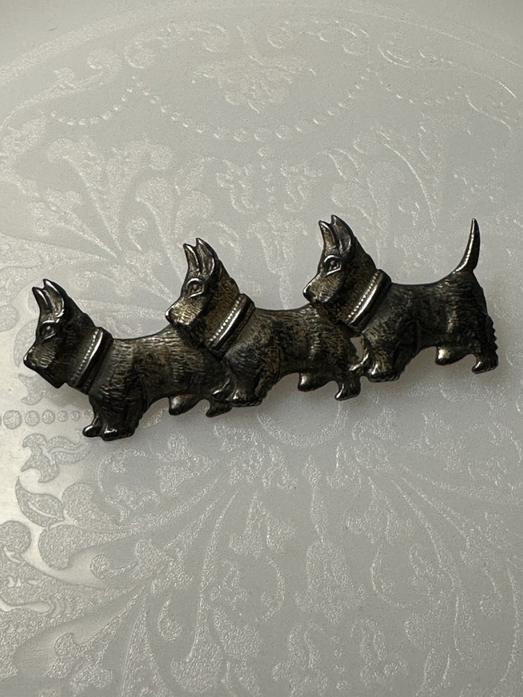 Vintage Sterling Silver Scottie Dog Trio Brooch Pin Terrier Dogs