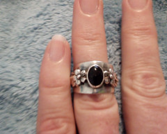 Genuine Vintage Sterling Silver Black Onyx Wide Band Flower Ring Sz 5.5, S West