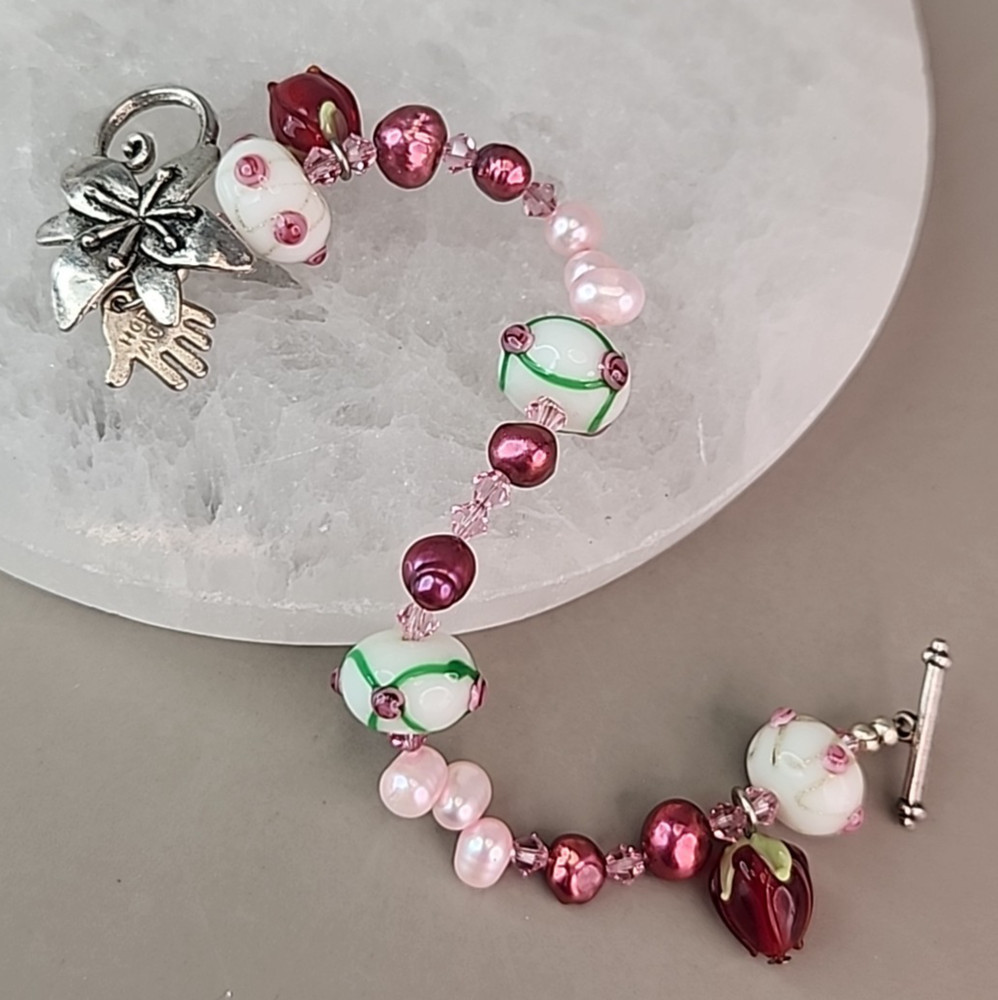 Glass Beaded Bracelet Lampwork Pink Freshwater Pearl Handmade 6.75″