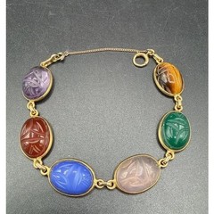 14k Gold Egyptian Revival Scarab With Tiger’s Eye, Amethyst, Rose Quartz