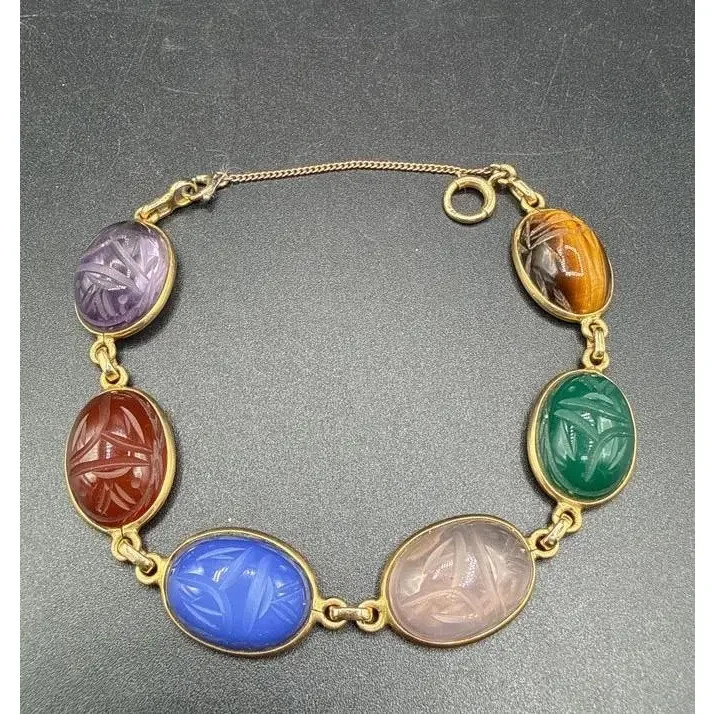 14k Gold Egyptian Revival Scarab With Tiger’s Eye, Amethyst, Rose Quartz