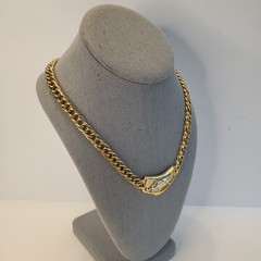 VTG Jackie Collins Two Tone Panther Link Necklace + Pave Rhinestone Ring 80s