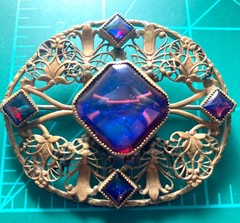 Large Antique Czech Art Deco Red Blue Dragons Breath Art Glass Brass Brooch Pin