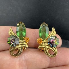 Vintage Juliana Rhinestone Clip On Earrings Gold Tone Flower Watermelon