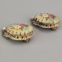 Vintage Flower Clip On Earrings Glass Transferware Germany Gold Tone Filigree