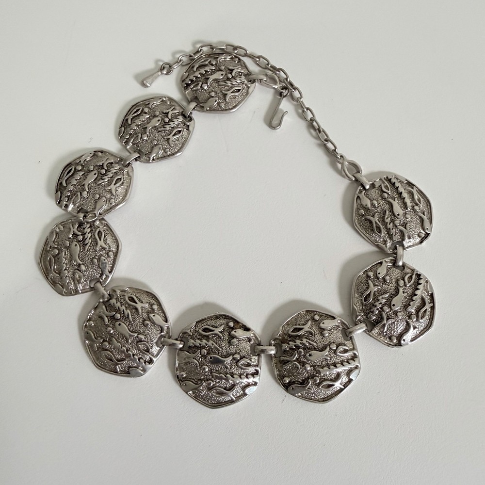 Judy Lee collar necklace vintage silver tone necklace wide panels fish design