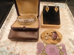 ART Deco Antique jewelry lot Elaborate bracelet sterling dangle earring Sash Pin