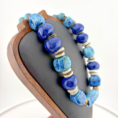 Vintage Chunky Artisan Blue Glazed Ceramic Bead Statement Necklace
