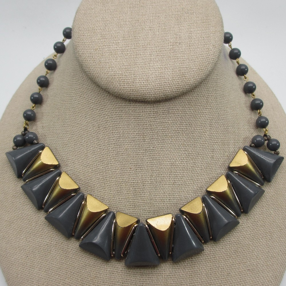 Vintage Western Germany Necklace Triangles Gray Gold Tone 15 Inch