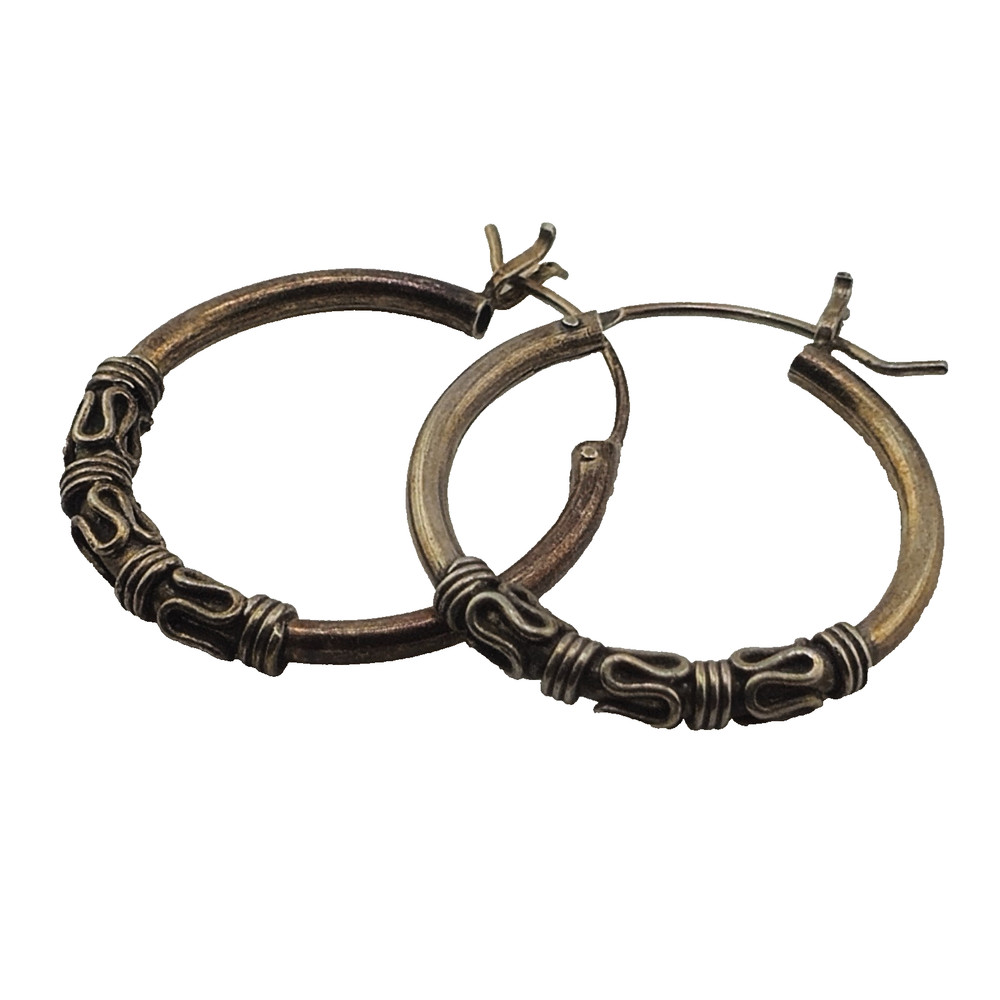 925 Sterling Hoop Earrings with Swirl Wire Detailing Oxidized Finish Vintage Sty