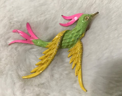 Vintage Metal Whimsical Colorful Bird (Roadrunner ?) Brooch Gold Tone
