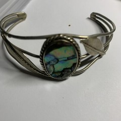 Vintage Cuff Bracelet Shell Gem Modernist Mexico Solid Silver Art Deco Handmade