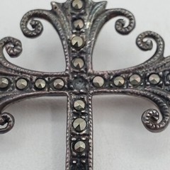 925 Marcasite Cross Brooch Pendant 1.75in Sterling Silver w Patina VTG FLAW