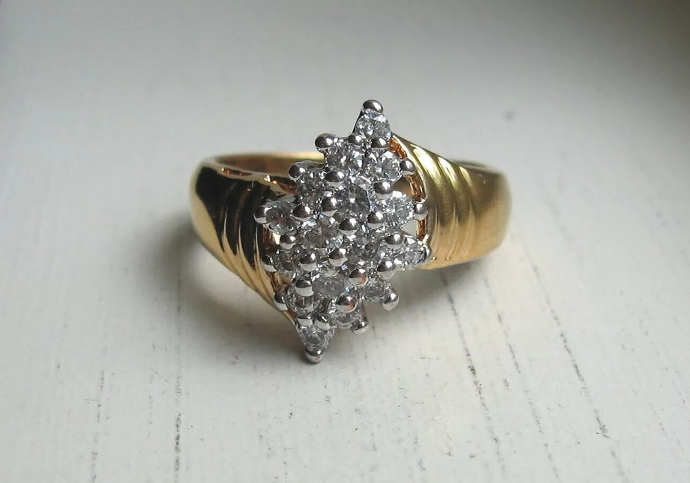 Vintage 14K 585 Solid Yellow Gold Diamond Cocktail Cluster Sz 7 Ring
