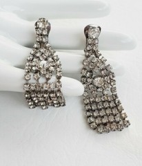 Vintage Art Deco Crystals Rhinestones Cascade Drop Clip Earrings
