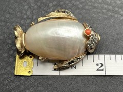 Coro Mother of Pearl Shell Jelly Belly Fish Brooch Faux Coral Rhinestone READ