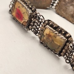 Vintage Swiss Enamel Asian Cities Bracelet – Filigree Silver Metal 7″ Antique