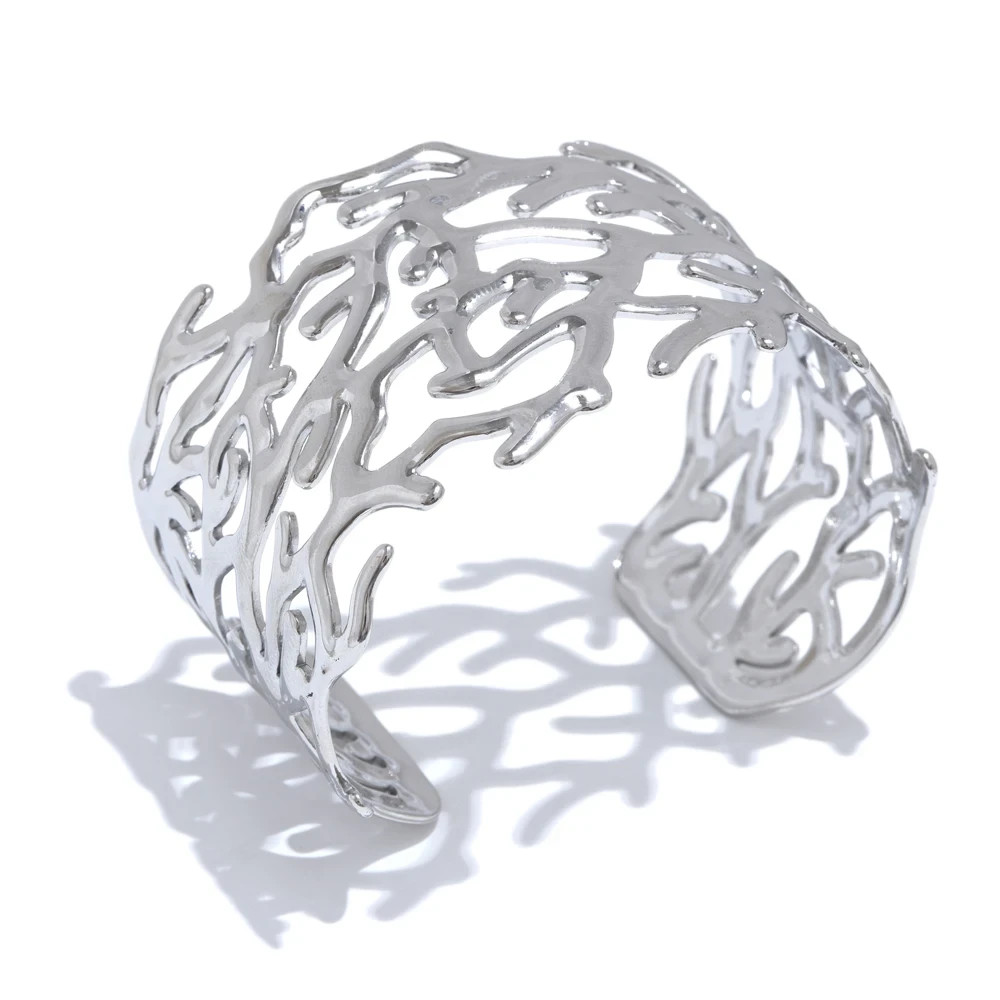 Vintage Twig Wide Cuff Waterproof Stainless Steel Bangle Silver