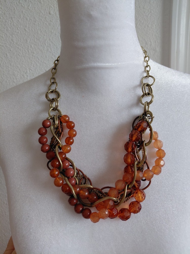 Vintage Amber Style Composite Beads Metal Gold Tone Chain Necklace Boho