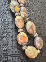Chunky Jasper Bead Necklace Natural Oval Stones with Silver Tone Spacers 18”