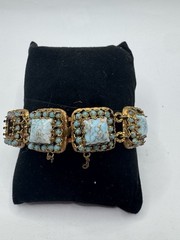 Vintage CZECHO Czech Faux Turquoise Glass Filigree Panel Bracelet 7.5”