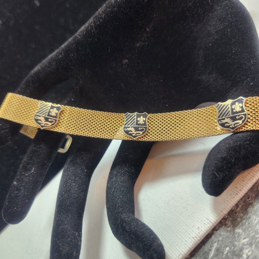 Vintage Gold Tone Mesh Bracelet Heraldic Shield Black Enamel Lion Fleur-de-lis
